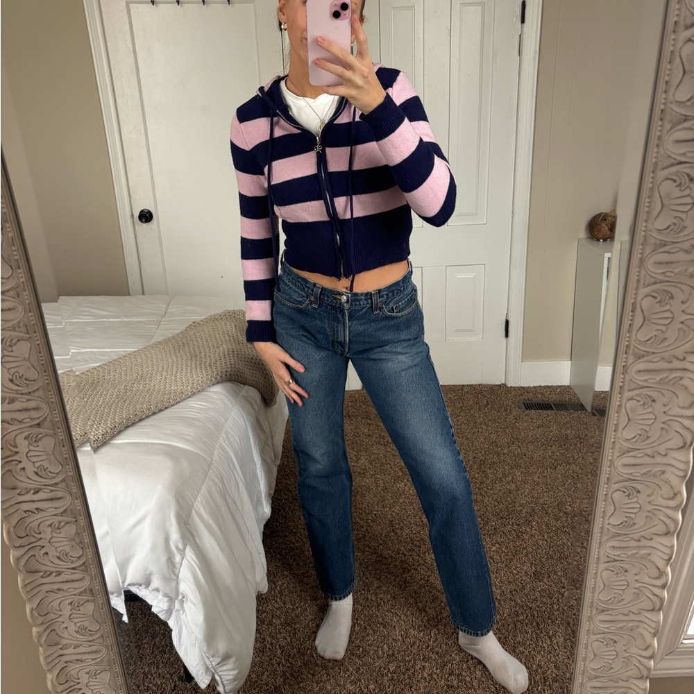 Striped Zip-Up Hoodie Jacket in Pink and Navy